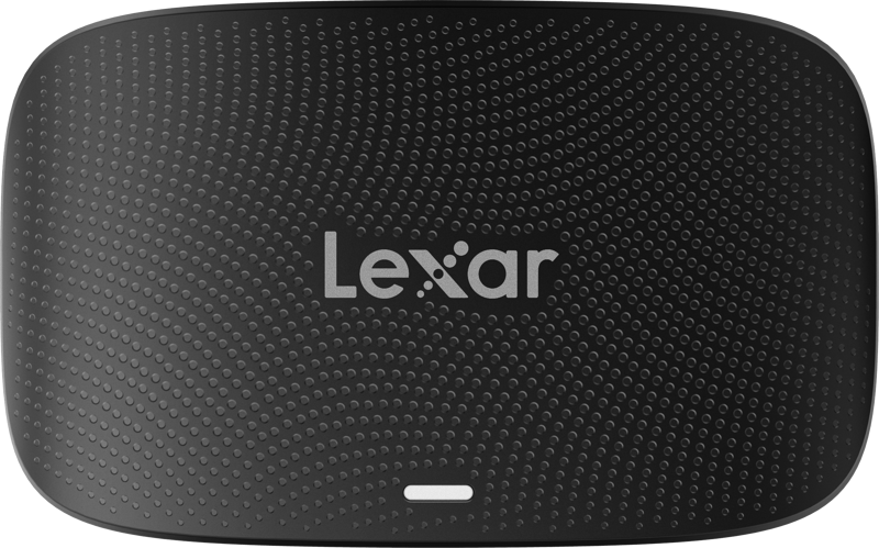 800q-04_124105 Black Lexar Cardreader CFExpress Type B/SD UHS-II USB 3.2 Gen2 reader with a textured dotted pattern, rounded edges, Lexar logo in the middle and a small white indicator light near the bottom.