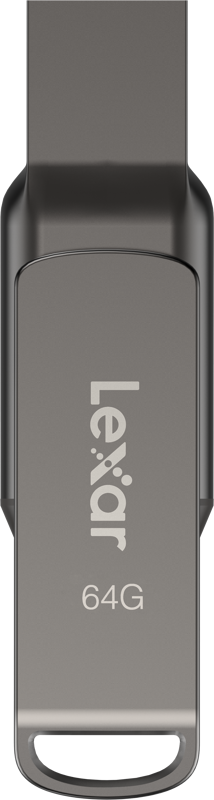 800q-04_125015 Lexar Jumpdrive Dual Drive D400 Type-C / Type-C & Type-A 64GB USB-muistitikku, metallinen, ylhäältä kuvattuna valkoisella pohjalla.
