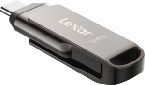 800q-04_125016 The Lexar Jumpdrive Dual Drive D400 Type-C / Type-C & Type-A 128GB flash drive with metal casing and sliding connector design is pictured against a plain background.