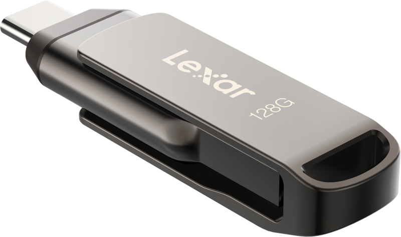 800q-04_125016 The Lexar Jumpdrive Dual Drive D400 Type-C / Type-C & Type-A 128GB flash drive with metal casing and sliding connector design is pictured against a plain background.