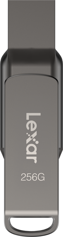 800q-04_125017 The Lexar Jumpdrive Dual Drive D400 Type-C / Type-C & Type-A 256GB flash drive is shown vertically, with the Lexar logo and "256G" text on the front.