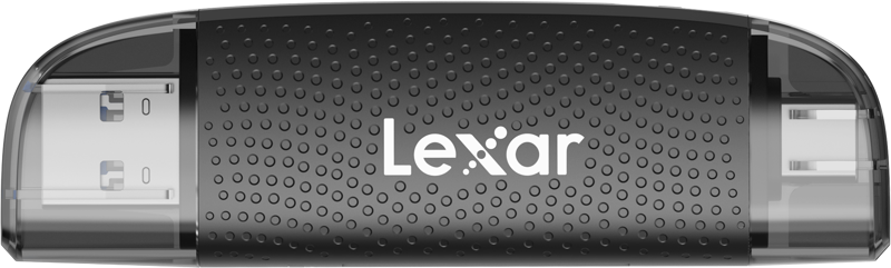 Lexar LRW310U -kortinlukijassa on kaksi korttipaikkaa ja USB-A/C-liittimet mustassa muotoilussa, jossa on kuvioitu kahva ja joka on ihanteellinen tietojen tallentamiseen ja siirtämiseen.