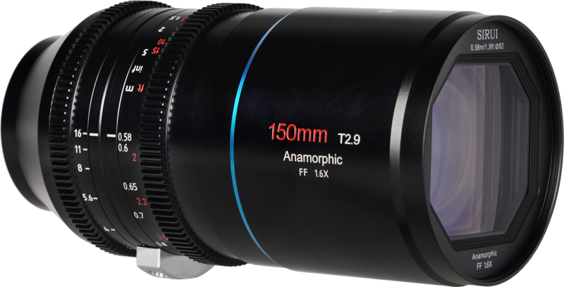 800q-04_125043 Sirui Anamorphic Lens Venus 1.6x FF 150mm T2.9 E-Mount on musta objektiivi, jossa on tarkennus- ja aukkomerkinnät, siniset ja punaiset korostukset sekä kuusikulmainen etuelementti.
