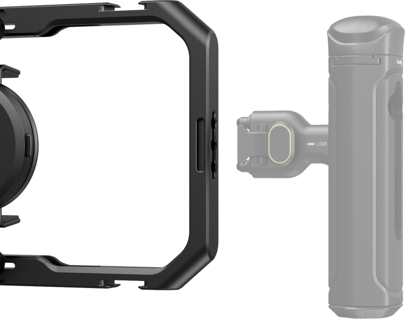 800q-04_126133 Lähikuva SmallRig 4299 Universal Quick Release Mobile Phone Cage MC4 -matkapuhelinhäkistä mustana, jossa on osittain näkyvä harmaa kahva. Molemmissa näkyy kiinnitys- ja lukitusmekanismi tavallista vaaleaa taustaa vasten.