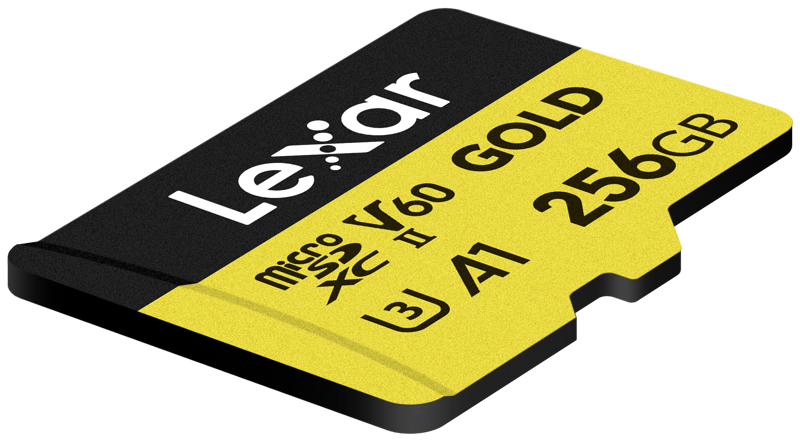 Lexar microSDXC GOLD UHS-II 256GB -kortti on keltaisen ja mustan värinen, siinä on R280/W100-nopeus ja se tukee V60-, U3-, A1- ja C10-nopeusluokkia.