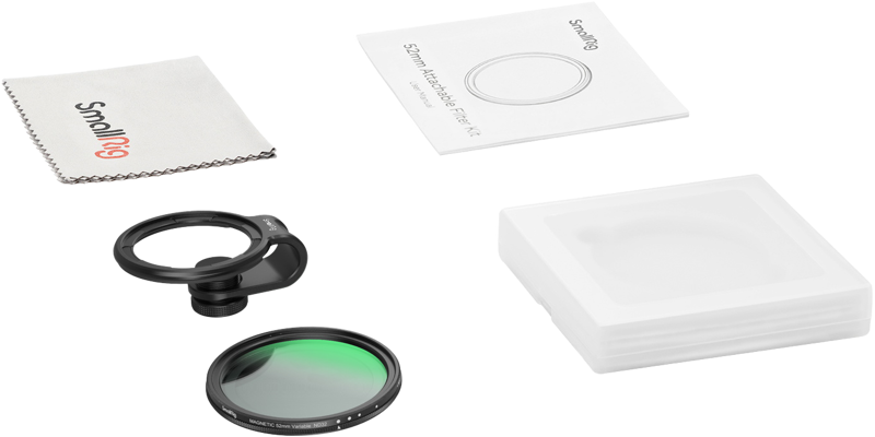 800q-04_126798 SmallRig 4387 VND Filter Kit 1-5stop with Universal Filter Adapter 52mm sisältää muuttuvan ND-suodattimen, puhdistusliinan, objektiivin pidikkeen, valkoisen säilytyskotelon ja käyttöohjeen, kaikki valkoisella pohjalla.