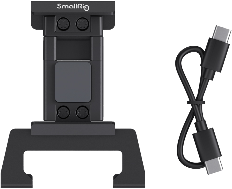800q-04_127315 Musta SmallRig 4318 Powerbank Clip for RC 60B, jossa on säädettävät säätönupit, on esillä lyhyen USB-C-USB-C-latauskaapelin vieressä vaalealla taustalla.