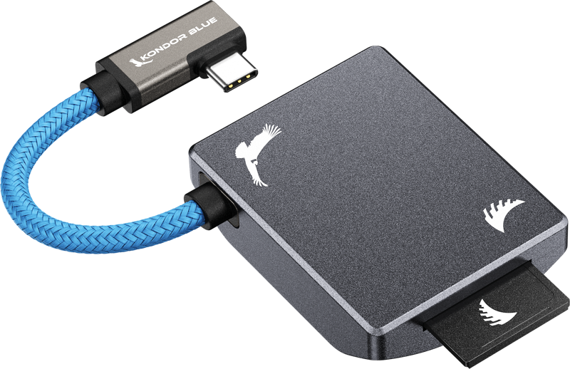 800q-04_127422 The black ANGELBIRD Kondor Blue SD storage module has a short blue braided USB-C cable with the KONDOR BLUE label and white bird logos on both the adapter and the connector.
