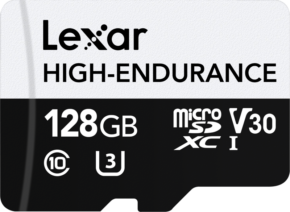 800q-05_115322 Lexar microSDXC High-Endurance UHS-I/U3/10 R100/W35 (V30) 128GB -muistikortti, jossa on nopeusluokka 10, UHS-nopeusluokka 3, V30-videoluokka ja UHS-I-symbolit painettu etupuolelle.