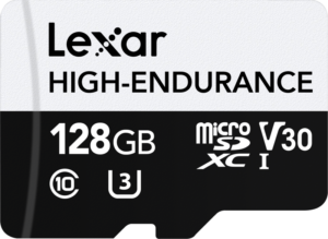 800q-05_115322 Lexar microSDXC High-Endurance UHS-I/U3/10 R100/W35 (V30) 128GB -muistikortti, jossa on nopeusluokka 10, UHS-nopeusluokka 3, V30-videoluokka ja UHS-I-symbolit painettu etupuolelle.