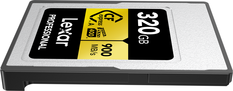 800q-05_121391 Lexar CFexpress Pro Gold R900/W800 VPG400 Type-A 320GB muistikortti tarjoaa jopa 900 MB/s nopeuden ja siinä on musta ja keltainen etiketti.