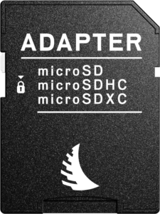 ANGELBIRD microSD AV PRO (V30) 128GB -sovitin on musta, ja siinä on valkoinen teksti, joka tukee microSD-, microSDHC- ja microSDXC-kortteja. Siinä on lukitussymboli ja kaareva valkoinen muotoilu.