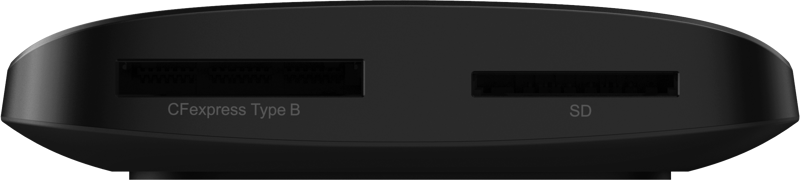 800q-05_124105 Close-up of the Lexar Cardreader CFExpress Type B/SD UHS-II USB 3.2 Gen2 reader with two card slots: CFexpress Type B on the left and SD on the right, designed for reading memory cards.