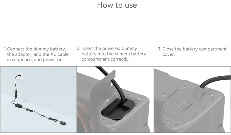 800q-05_124828 A step-by-step illustrated guide to connecting the SmallRig 4269 Dummy Battery with Power Adapter (EU) NP-FZ100 and AC cable to the camera, inserting the battery and closing the battery cover.