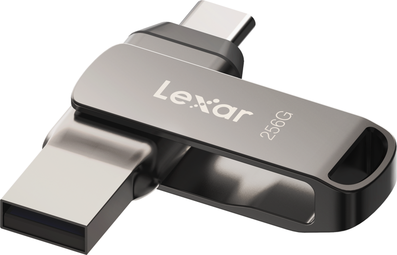 800q-05_125017 The Lexar Jumpdrive Dual Drive D400 256GB has both Type C and Type A connectors and a swivel design, shown in white.