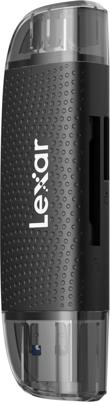 Lexar LRW310U -kortinlukija Dual Slot USB-A/C on musta läpinäkyvillä päätykappaleilla, siinä on valkoinen Lexar-logo ja sivussa näkyvät SD- ja microSD-korttipaikat.