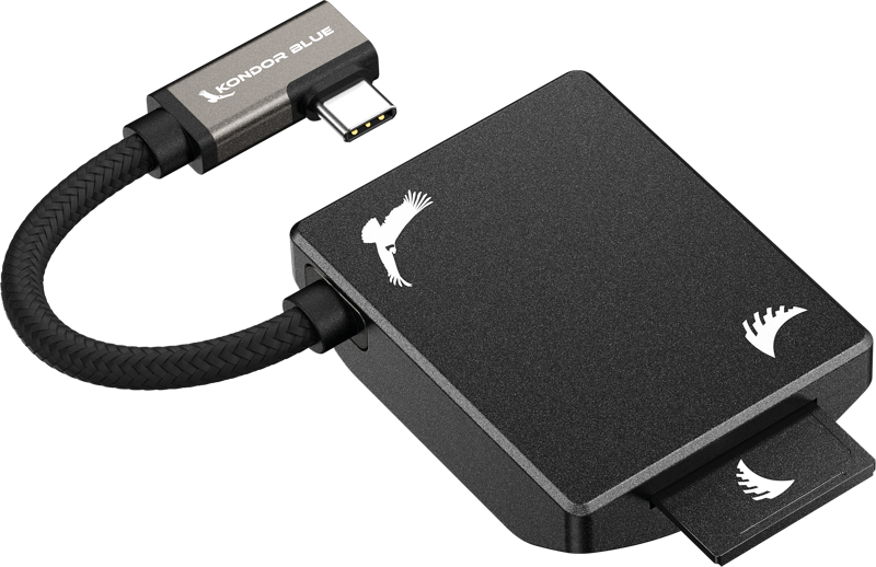 Musta ANGELBIRD Kondor Blue SD Recording Module -muistikortinlukija, jossa on joustava lyhyt kaapeli ja valkoinen lintulogo.