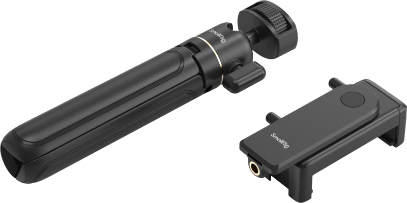 SmallRig 4364 Smartphone Vlog Tripod Kit VK-20 Advanced Version, joka sisältää mustan, kokoontaitettavan selfiekepin ja puhelimen pidikkeen, on esillä vierekkäin tavallisella vaalealla taustalla.