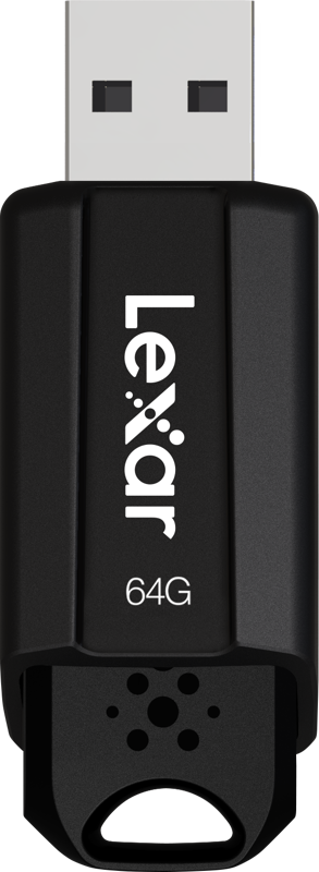 800q-06_115294 Lexar JumpDrive S80 -muistitikku (USB 3.1) 64 Gt on pystysuorassa, ja siinä on musta runko, jossa on USB-liitin yläreunassa ja Lexarin logo sekä 64 G etupuolella.