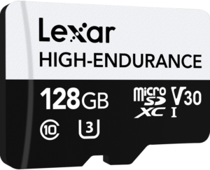 800q-06_115322 Lexar microSDXC High-Endurance UHS-I/U3/10 R100/W35 (V30) 128GB -muistikortti, jossa on korkea kestävyys, V30-nopeusluokka ja nopeat luku- ja kirjoitusnopeudet.