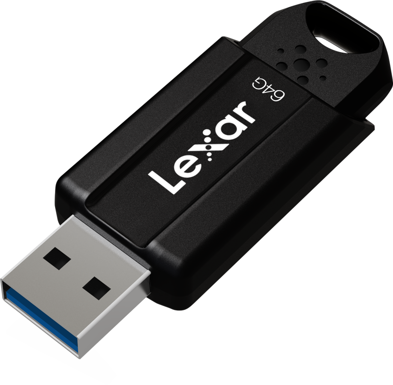 800q-07_115294 Lexar JumpDrive S80 -muistitikku (USB 3.1) 64 Gt on musta, siinä on hopeinen liitin, sininen sisäreuna, valkoinen Lexar-logo rungossa ja avaimenperän reikä yläosassa.