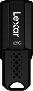 800q-09_115294 Musta Lexar JumpDrive S80 -muistitikku (USB 3.1) 128 Gt, jonka etupuolelle on painettu valkoisella "Lexar" ja "128G". Osittain irrotettu korkki paljastaa pistekuvioisen liittimen.