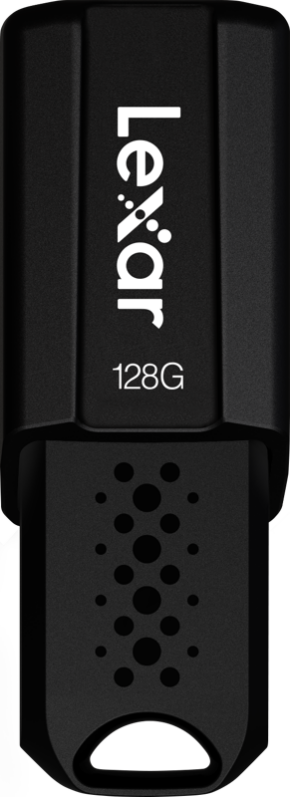 800q-09_115294 Musta Lexar JumpDrive S80 -muistitikku (USB 3.1) 128 Gt, jonka etupuolelle on painettu valkoisella "Lexar" ja "128G". Osittain irrotettu korkki paljastaa pistekuvioisen liittimen.
