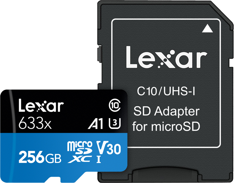800q-10_107172 Lexar 633X microSDHC/SDXC w/adap (V30) R95/W45 256GB -muistikortti ja sen C10/UHS-I SD-sovitin microSD-muistikortille on esitetty vierekkäin, ja kortti on merkitty merkinnöin A1, V30, U3 ja 256GB.