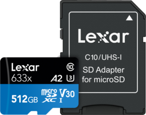 Lexar 633X microSDHC/SDXC w/adap (V30) R95/W45 512GB -muistikortti näkyy Lexar SD-sovittimensa edessä, molemmissa on niiden tuotemerkki ja tekniset tiedot.