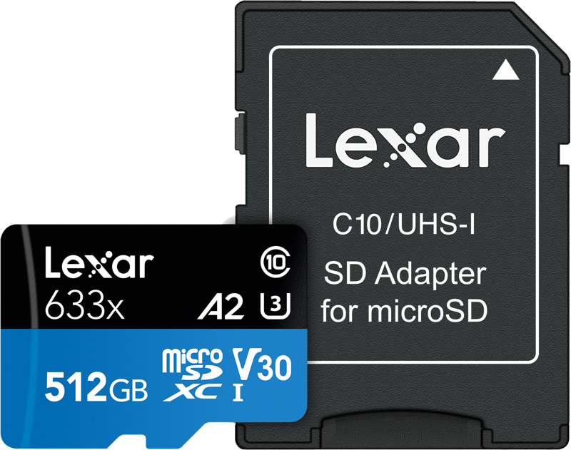 800q-11_107172 Lexar 633X microSDHC/SDXC w/adap (V30) R95/W45 512GB -muistikortti näkyy Lexar SD-sovittimensa edessä, molemmissa on niiden tuotemerkki ja tekniset tiedot.