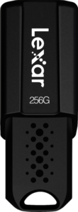 800q-13_115294 Musta Lexar JumpDrive S80 USB 3.1 -muistitikku (256 Gt), jonka koteloon on painettu valkoisella "Lexar" ja "256G", ja jossa on pistemäinen kuvio metalliliittimessä.