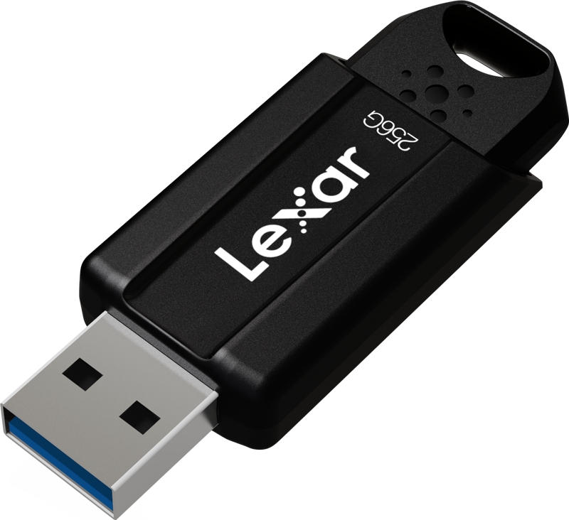 800q-15_115294 Lexar JumpDrive S80 -muistitikku (USB 3.1) 256 Gt on musta USB-asema, jossa on hopeinen liitin, sininen sisäreuna, "256G"-merkintä ja avaimenreikä avaimenperään kiinnittämistä varten.