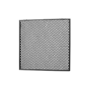 Godox-Honingraatgrid-30-graden-voor-P300R_1 Godox Honey Comb Grid 30 Degree P300R, suorakaiteen muotoinen metalliverkkopaneeli, jossa on kuusikulmainen kuvio, musta runko ja kaksi yläkoukkua, näkyy pystyssä valkoista taustaa vasten.