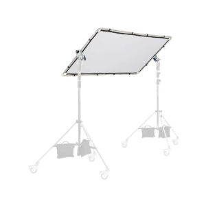 manfrotto_pro_scrim_11x2_medium_01 Manfrotto Scrim Kit 1 Pro All In One Medium 1.1 x 2m on suorakulmainen diffuusiokangas metallirungossa, jota pidetään kahdella pyörillä varustetulla valotelineellä. Tausta ja jalustojen osat on häivytetty valkoiseksi.