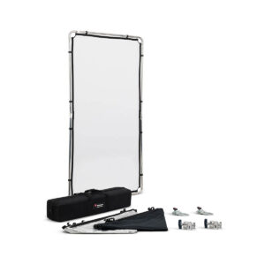 manfrotto_pro_scrim_11x2_medium_02 Manfrotto Scrim Kit 1 Pro All In One Medium 1,1 x 2m sisältää suorakulmaisen metallikehyksen, jossa on läpikuultava valkoinen näyttö, mustan kantolaukun, kaksi kiinnikettä, kaksi hiekkasäkkiä ja lisävarusteita valkoisella pohjalla.