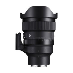 sigma_15mm_f14_dn_03 The Sigma 15mm f/1.4 DG DN Diagonal Fisheye Art lens (Sony) in black with petal-shaped hood, focus ring and mounting ring stands vertically against a simple white background.