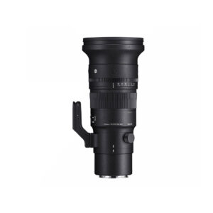 sigma_500mm_dn_02 Musta Sigma 500mm f/5.6 DG DN OS Sports -objektiivi Sonylle jalustakiinnityksellä on pystysuorassa valkoista taustaa vasten.