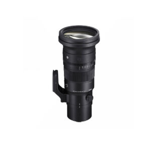 sigma_500mm_dn_04 The Sigma 500mm f/5.6 DG DN OS Sports lens for Sony is a black telephoto lens with a tripod mount collar that stands upright against a white background. It has adjustable focus and zoom rings with marked settings.