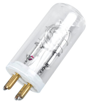 1373293649_184 Close-up of the Godox Wistro Flash Tube AD180, a clear cylindrical bulb with two metal spikes at the bottom. Its internal filament and components are visible through the glass.