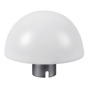 1373293951_327 Godox Witstro Diffusor Ball, valkoinen, kupolimainen lisävaruste, jossa on tyylikäs viimeistely ja kompakti metallinen pohja, on kuvassa valkoista taustaa vasten.