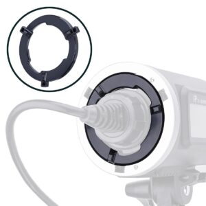 1478014117_174 Lähikuva Godox AD600 Locking Ring Bowens Mount -kiinnikkeestä, joka on kiinnitetty studiovalon takaosaan virtajohdon ollessa kytkettynä; kiinnikkeen erillinen näkymä näkyy vasemmassa yläkulmassa.