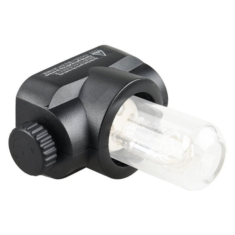 1503475571_120 Godox H200J Bare Bulb Flash Head on musta elektroninen salamalaite, jossa on suuri kirkas lamppu toisessa päässä ja kuvioitu sivusäädin, joka on suunniteltu ammattimaiseen valokuvaukseen.