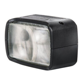 1503475625_290 Suorakulmainen musta Godox H200 Speedlite -salamapää, jossa on kirkas, harjattu linssisuojus, näkyy valkoista taustaa vasten.