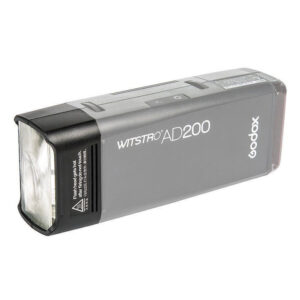 1503475626_105 Suorakulmainen Godox H200 Speedlite -salamapää, jossa on musta runko, kirkas salamapää ja näkyvä tuotemerkki sivussa valkoisella pohjalla.