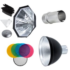1528195372_017 Godox AD200 tarvikesarja sisältää hopeisen sateenvarjoheijastimen, metallisen sulkuputken, kartiomaisen heijastimen, värilliset geelisuodattimet, hunajakennoverkon, mustat pidikkeet ja valkoisen diffuusorin valokuvauksen valaistukseen.