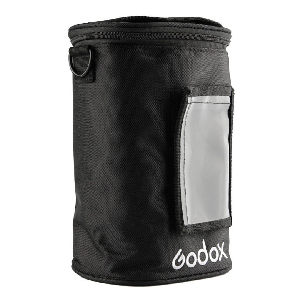 1560261302_567 The Godox PB-600P Portable Bag for AD600Pro is a black cylindrical bag with zippered top, side handle loop, transparent front pocket and Godox logo printed near the bottom.