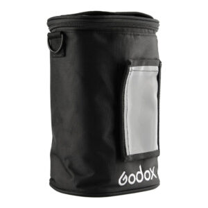 1560261302_567 The Godox PB-600P Portable Bag for AD600Pro is a black cylindrical bag with zippered top, side handle loop, transparent front pocket and Godox logo printed near the bottom.