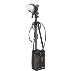 1560261311_816 Studio light with stand with cables and black Godox PB-600P Portable Bag for AD600Pro with transparent window and zippered flap attached under the light.
