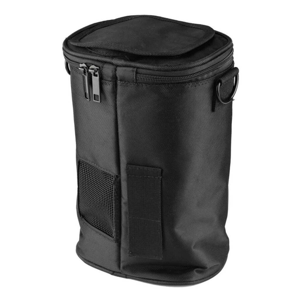 1560261313_911 The Godox PB-600P Portable Bag for AD600Pro is a black, cylindrical zippered bag with mesh pocket, side strap, handle and metal rings for attaching the shoulder strap. Made of durable fabric.