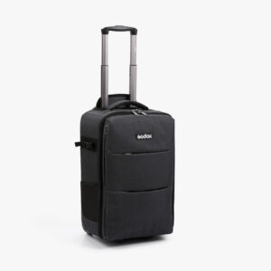 1586870954_603 The black Godox CB-17 Carry Roller Bag AD1200 Pro has a telescopic handle, two zippered front pockets and side handles.